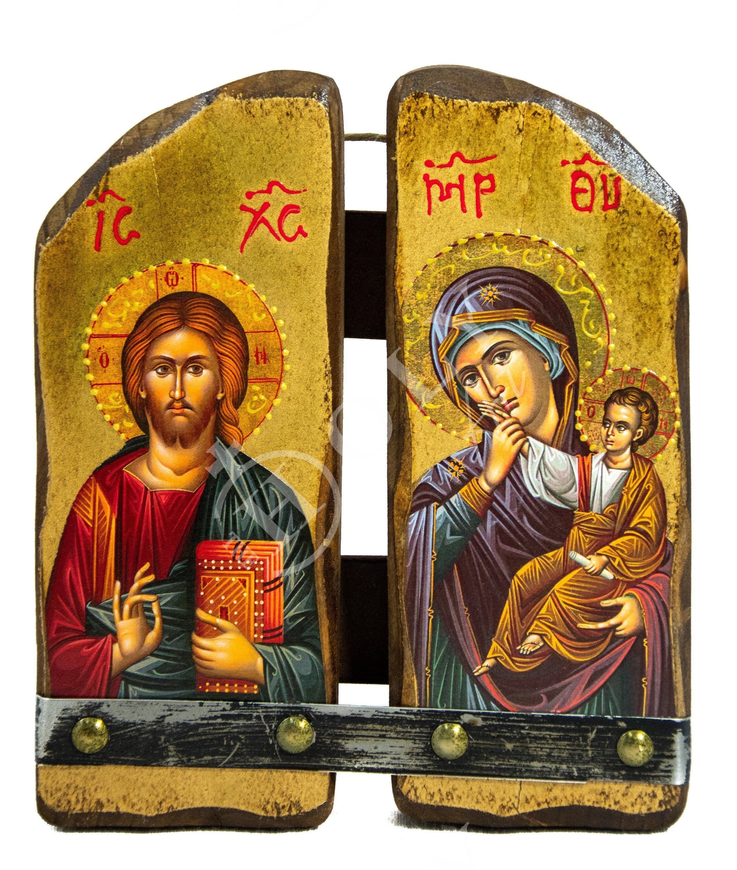 Virgin Mary & Jesus Christ icon , Handmade Greek Orthodox Icon, Mother of  God and our Lord Byzantine art wall hanging wood plaque, decor