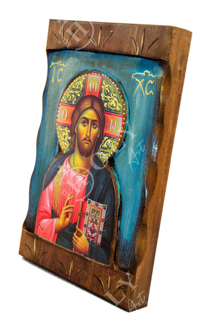 Jesus Christ icon, Handmade Greek Orthodox icon of our Lord, Byzantine art wall hanging on wood plaque, religious icon home decor - TheHolyArt