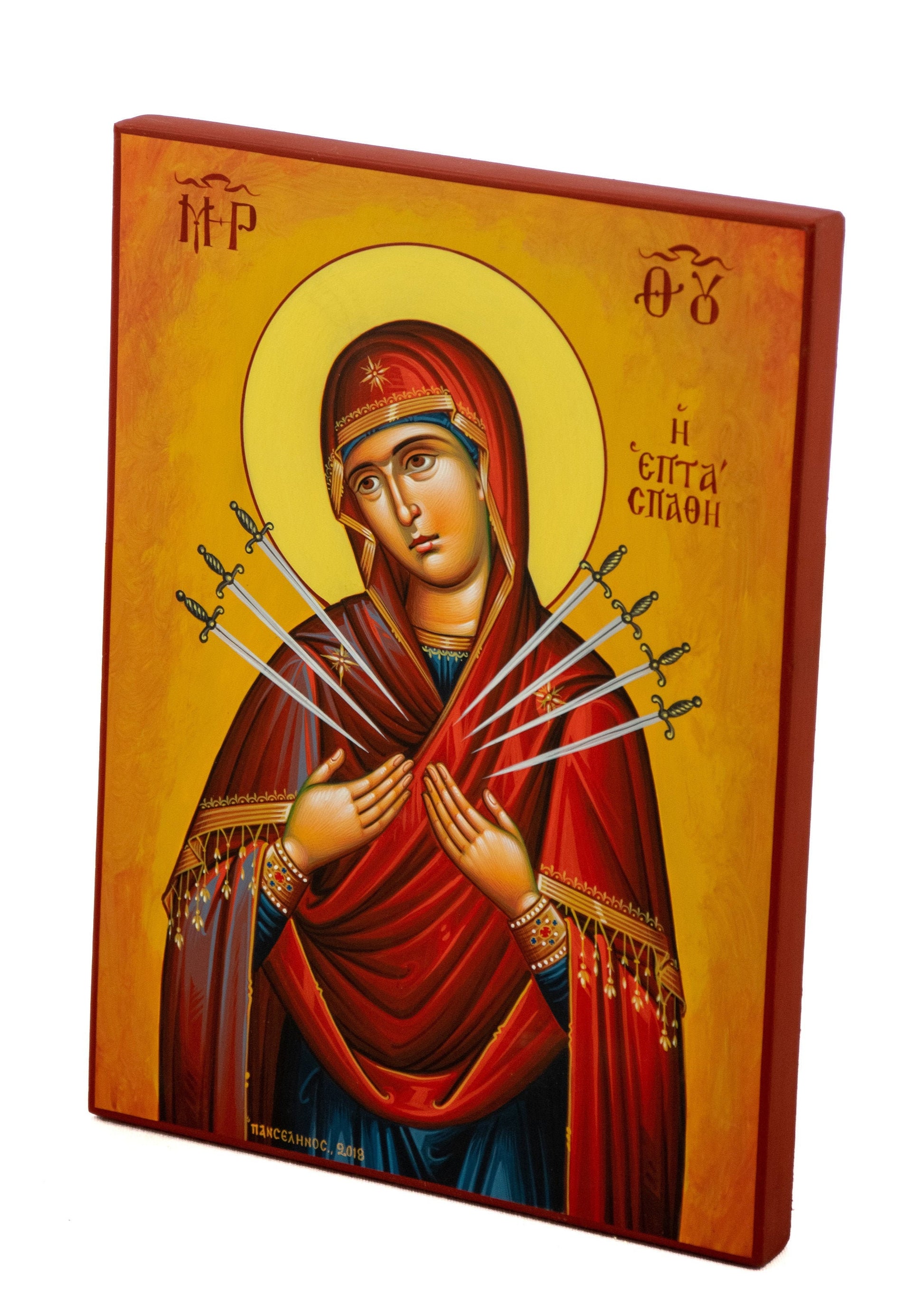 Hand painted Virgin Mary icon of the 7 Seven Swords, Greek Orthodox icon of Panagia Theotokos, Byzantine art wall hanging Mother of God TheHolyArt