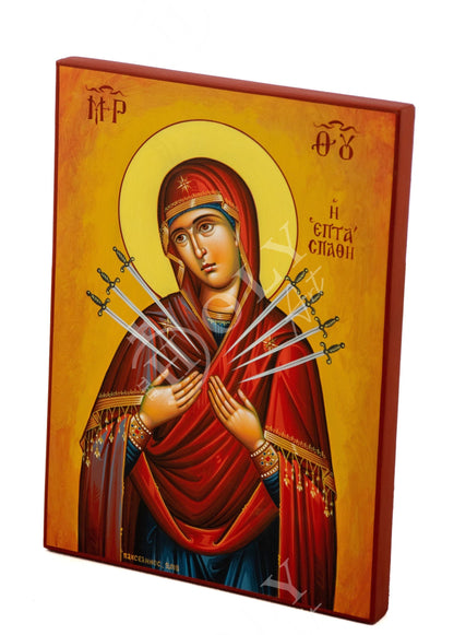 Hand painted Virgin Mary icon of the 7 Seven Swords, Greek Orthodox icon of Panagia Theotokos, Byzantine art wall hanging Mother of God - TheHolyArt
