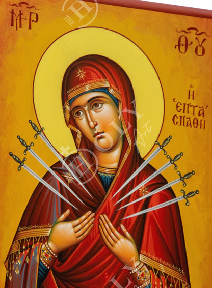 Hand painted Virgin Mary icon of the 7 Seven Swords, Greek Orthodox icon of Panagia Theotokos, Byzantine art wall hanging Mother of God - TheHolyArt