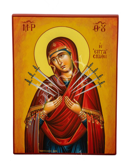 Hand painted Virgin Mary icon of the 7 Seven Swords, Greek Orthodox icon of Panagia Theotokos, Byzantine art wall hanging Mother of God - TheHolyArt