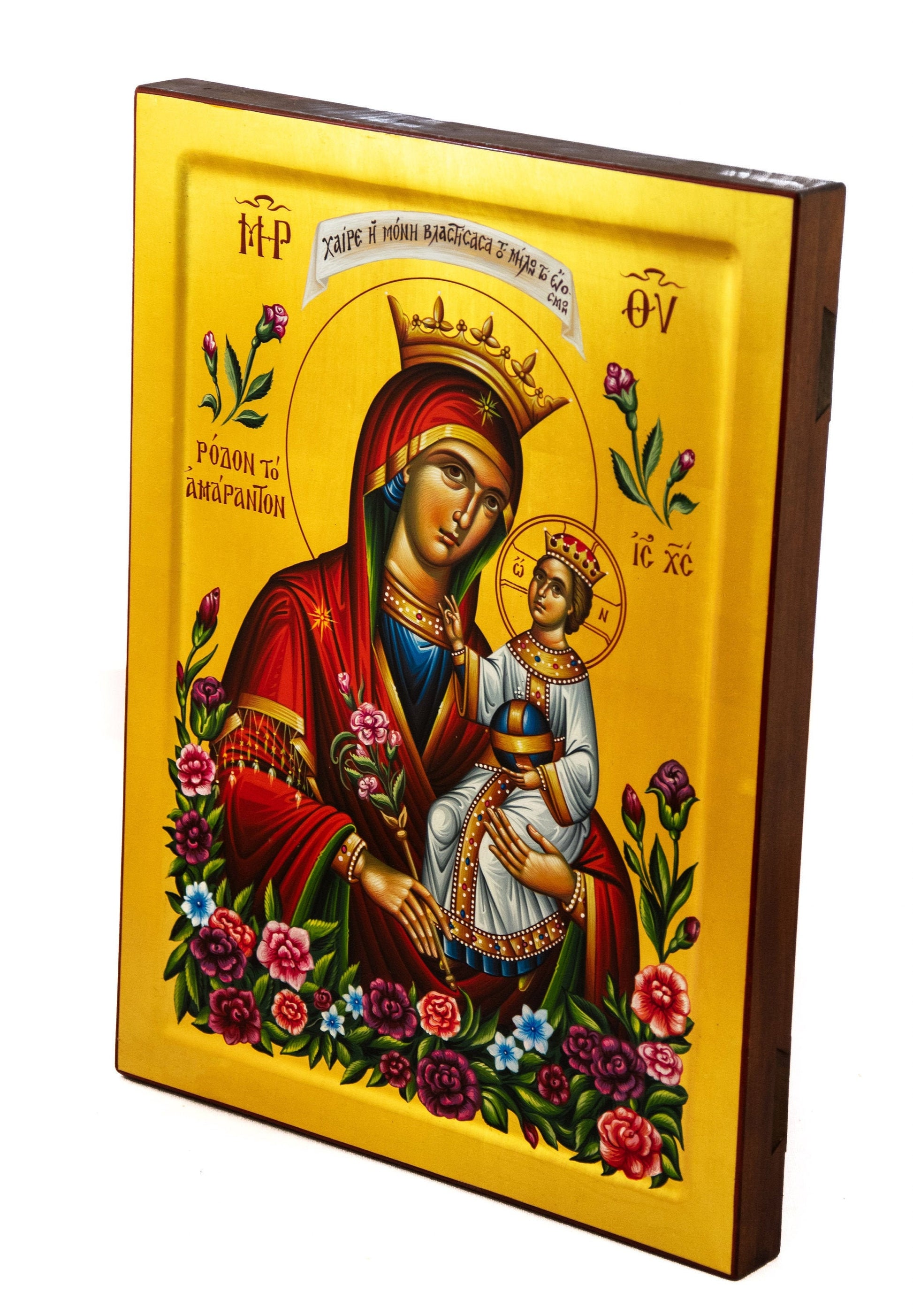 Hand painted Virgin Mary icon Panagia, Greek Orthodox icon w Gold 23k of Theotokos, Byzantine art wall hanging of Mother of God TheHolyArt