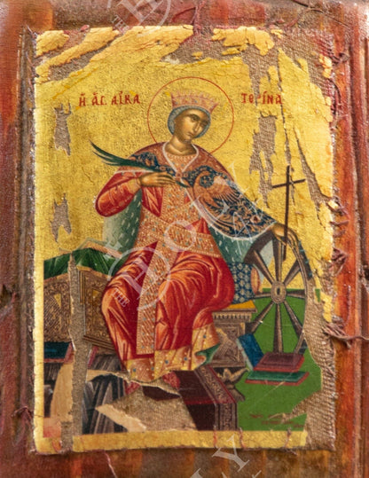 Saint Catherine icon, Handmade Greek Orthodox icon of St Catherine gold leaf wood plaque 17x9cm, Byzantine art wall hanging, religious decor - TheHolyArt
