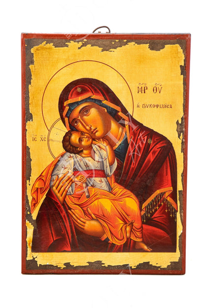 Virgin Mary icon Panagia Glykophilousa, Handmade Greek Orthodox icon gold leaf Mother of God, Theotokos Byzantine art wall hanging 38x26cm - TheHolyArt
