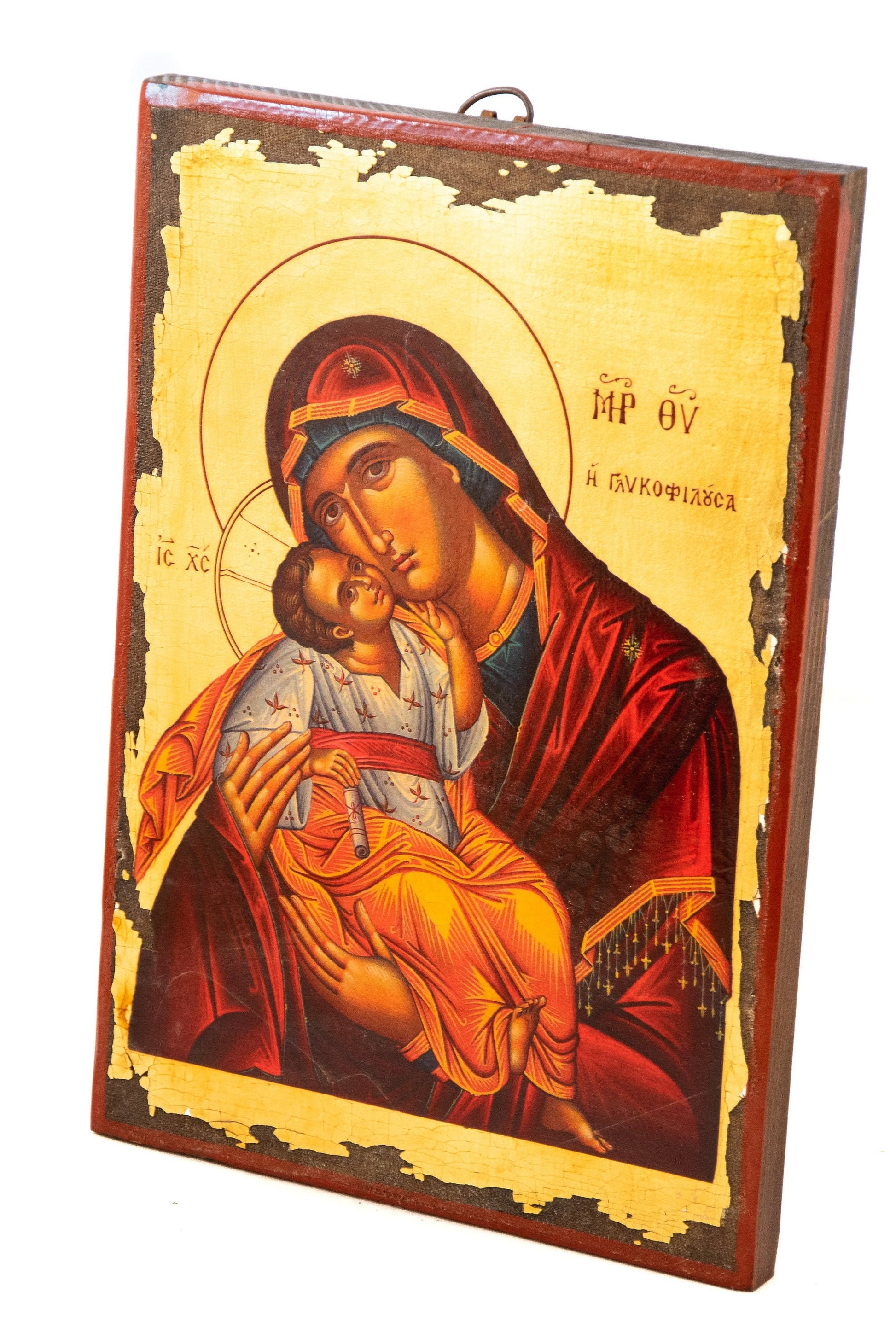 Virgin Mary icon Panagia Glykophilousa, Handmade Greek Orthodox icon gold leaf Mother of God, Theotokos  Byzantine art wall hanging 38x26cm TheHolyArt