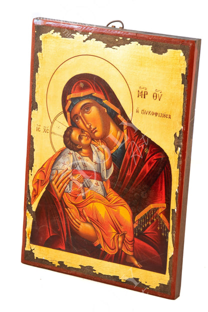 Virgin Mary icon Panagia Glykophilousa, Handmade Greek Orthodox icon gold leaf Mother of God, Theotokos Byzantine art wall hanging 38x26cm - TheHolyArt