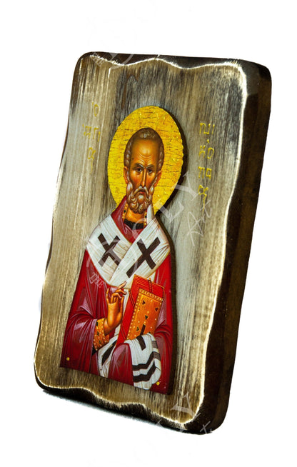 Saint Nicholas icon, Handmade Greek Orthodox icon of St Nick, Byzantine art wall hanging icon on wood plaque Agios Nikolaos, religious decor - TheHolyArt