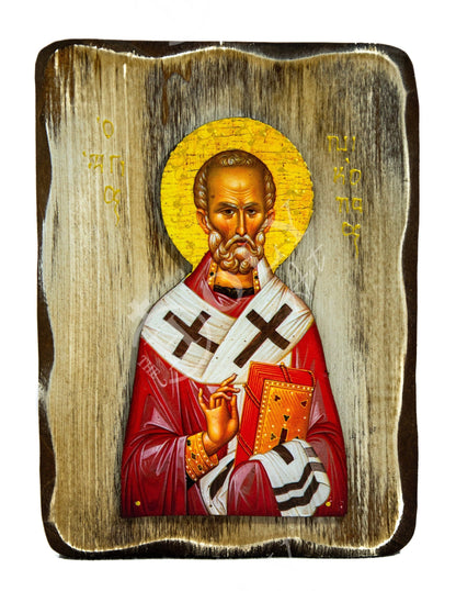Saint Nicholas icon, Handmade Greek Orthodox icon of St Nick, Byzantine art wall hanging icon on wood plaque Agios Nikolaos, religious decor - TheHolyArt