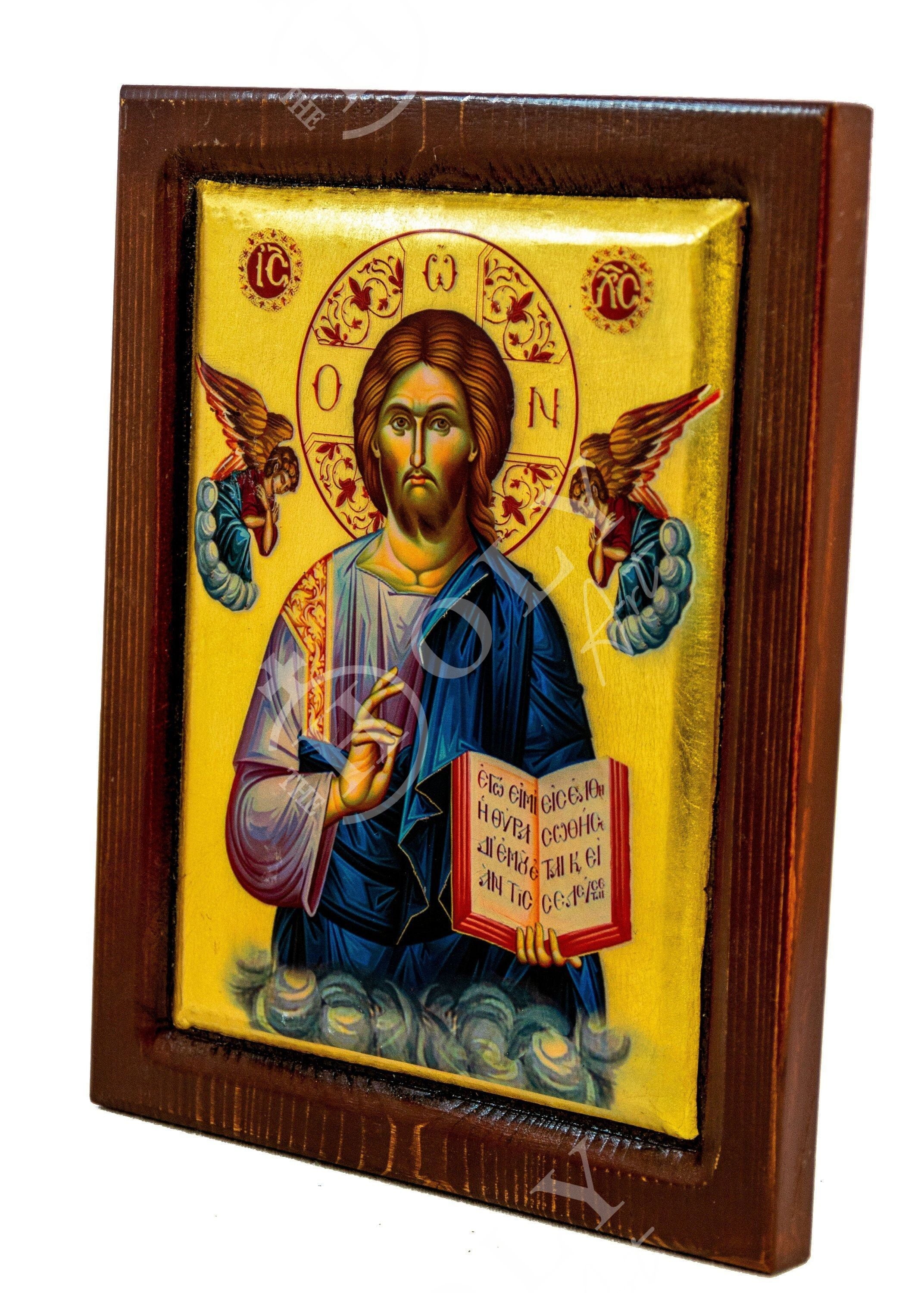 Christ Pantocrator. Hand selling Painted Icon in Byzantine Style, Pigments in Tempera, Gesso Board, and 24K Gold