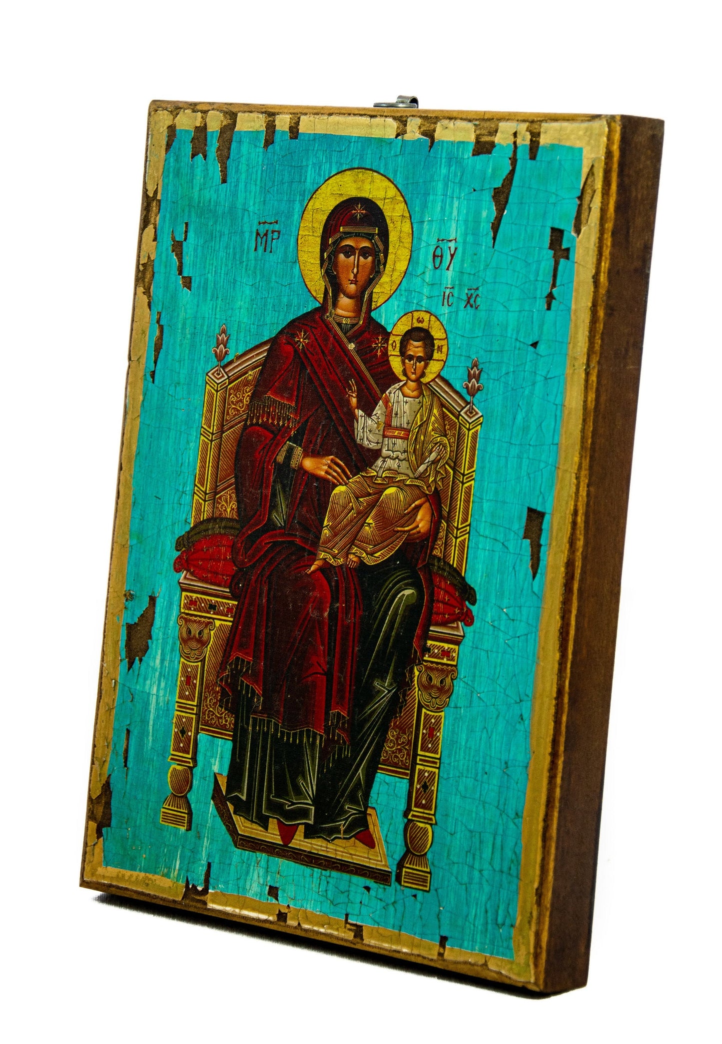 Virgin Mary icon Enthroned, Handmade Greek Orthodox Icon, Mother of God Byzantine art wall hanging, Theotokos canvas icon 30x20cm gift idea TheHolyArt