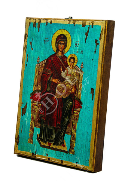 Virgin Mary icon Enthroned, Handmade Greek Orthodox Icon, Mother of God Byzantine art wall hanging, Theotokos canvas icon 30x20cm gift idea - TheHolyArt
