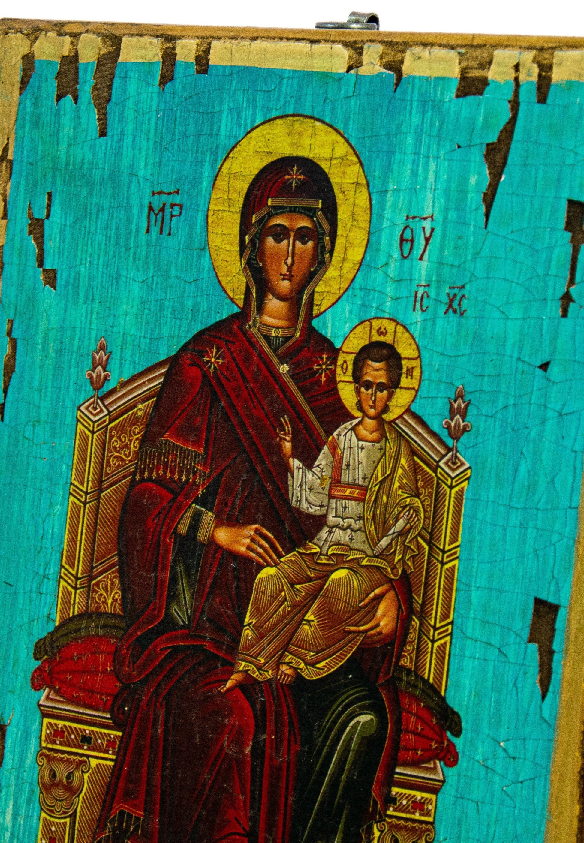 Virgin Mary icon Enthroned, Handmade Greek Orthodox Icon, Mother of God Byzantine art wall hanging, Theotokos canvas icon 30x20cm gift idea TheHolyArt