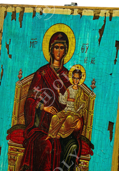 Virgin Mary icon Enthroned, Handmade Greek Orthodox Icon, Mother of God Byzantine art wall hanging, Theotokos canvas icon 30x20cm gift idea - TheHolyArt