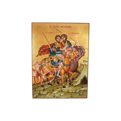 Saints Theodore Tyro and Theodore Stratelates hand painted icon, Greek Orthodox icon, Handmade Byzantine art wall hanging wood icon 30x20cm - TheHolyArt