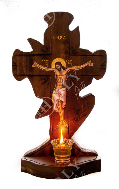 Crucifix Orthodox Iconostasis 45x25cm, Jesus Christ Blessing Cross, Byzantine art wall hanging, Greek Handmade wooden Cross, religious decor - TheHolyArt