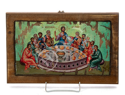 The Last Supper Orthodox icon, Jesus Christ icon, Handmade Byzantine art of Holy Communion canvas on wood plaque 38x25cm, religious decor - TheHolyArt