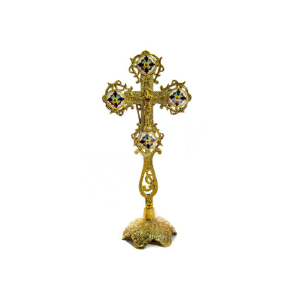 Standing Table Altar Crucifix, Brass Handmade Greek Orthodox Byzantine Gold plated Holy Cross - TheHolyArt