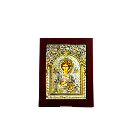 Saint Panteleimon icon, Handmade Silver Greek Orthodox icon of Saint Pantaleon, Byzantine art wall hanging wood plaque icon, religious gift TheHolyArt