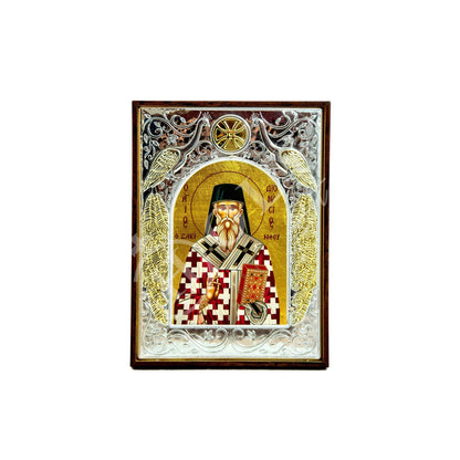 Saint Dionysius of Zakynthos icon, Handmade Silver Greek Orthodox icon of St Dionysios, Byzantine art wall hanging religious wood plaque - TheHolyArt