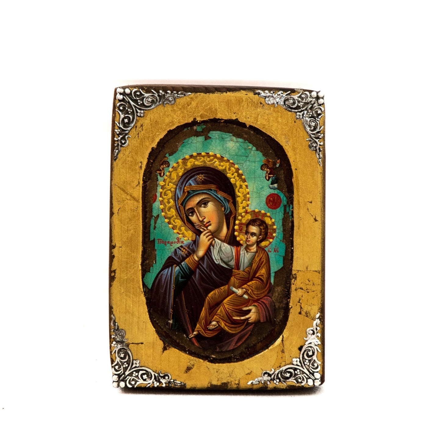 Virgin Mary icon, Handmade Greek Orthodox icon of Theotokos, Mother of God Byzantine art wall hanging wood canvas icon gold leaf 18x14cm TheHolyArt