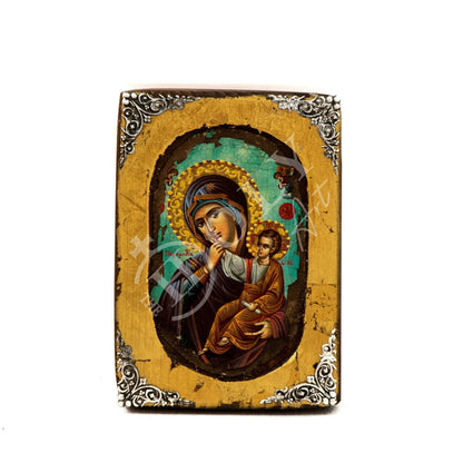 Virgin Mary icon, Handmade Greek Orthodox icon of Theotokos, Mother of God Byzantine art wall hanging wood canvas icon gold leaf 18x14cm - TheHolyArt