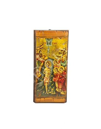 The Baptism of Jesus Christ icon, Jesus Christ Baptized handmade Greek Orthodox Icon, Byzantine art wall hanging wood plaque canvas 38x18cm - TheHolyArt
