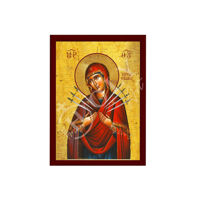Our Lady of Sorrows icon, Virgin Mary icon Seven 7 swords, Handmade Greek Orthodox Icon, Mother of God Byzantine art wall hanging plaque - TheHolyArt