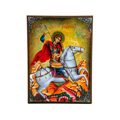 Saint George icon, Handmade Greek Orthodox icon of St George, Byzantine art wall hanging icon wood plaque of Agios Georgios, religious decor - TheHolyArt