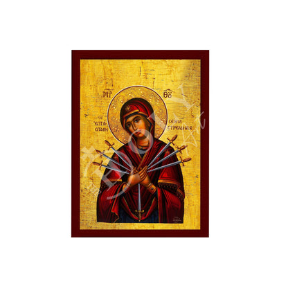 Our Lady of Sorrows icon, Virgin Mary icon Seven 7 swords, Handmade Greek Orthodox Icon, Mother of God Byzantine art wall hanging plaque - TheHolyArt