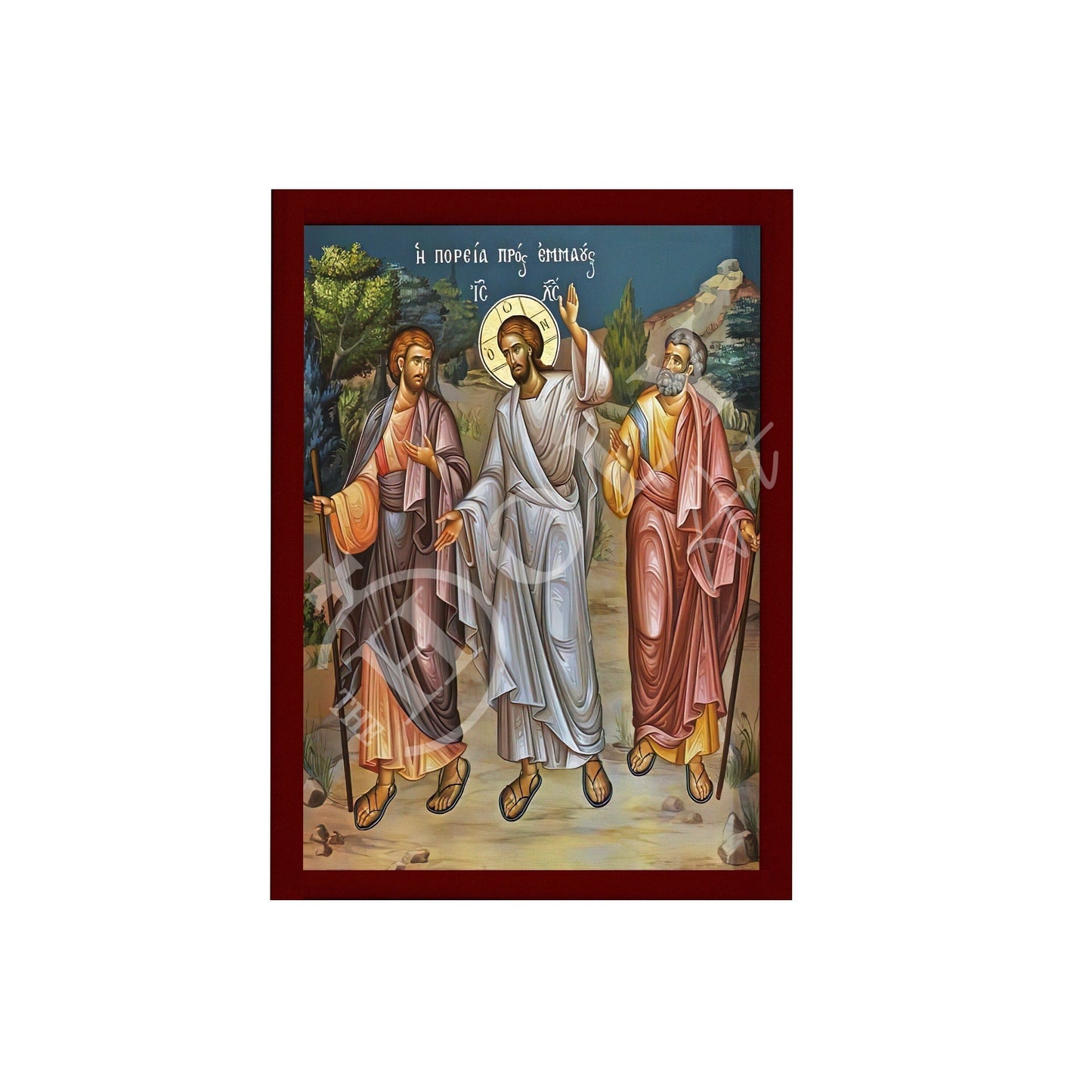 Road to Emmaus icon, Handmade Greek Orthodox icon of Jesus Christ St Cleopas Apostle Luke Byzantine art wall hanging wood plaque decor TheHolyArt