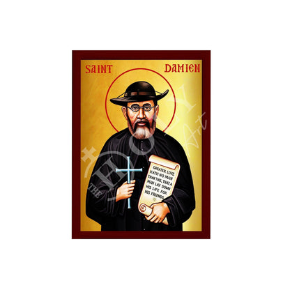 Saint Damien icon, Handmade Greek Catholic icon of St Damien Molokai Leper art wall hanging of the Damien Leper wood plaque, religious decor - TheHolyArt