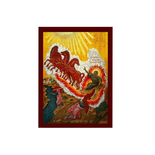 Prophet Elijah icon with Chariot of Fire, Handmade Greek Orthodox icon of Saint Elias, Byzantine art wall hanging on wood plaque icon TheHolyArt