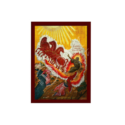 Prophet Elijah icon with Chariot of Fire, Handmade Greek Orthodox icon of Saint Elias, Byzantine art wall hanging on wood plaque icon - TheHolyArt