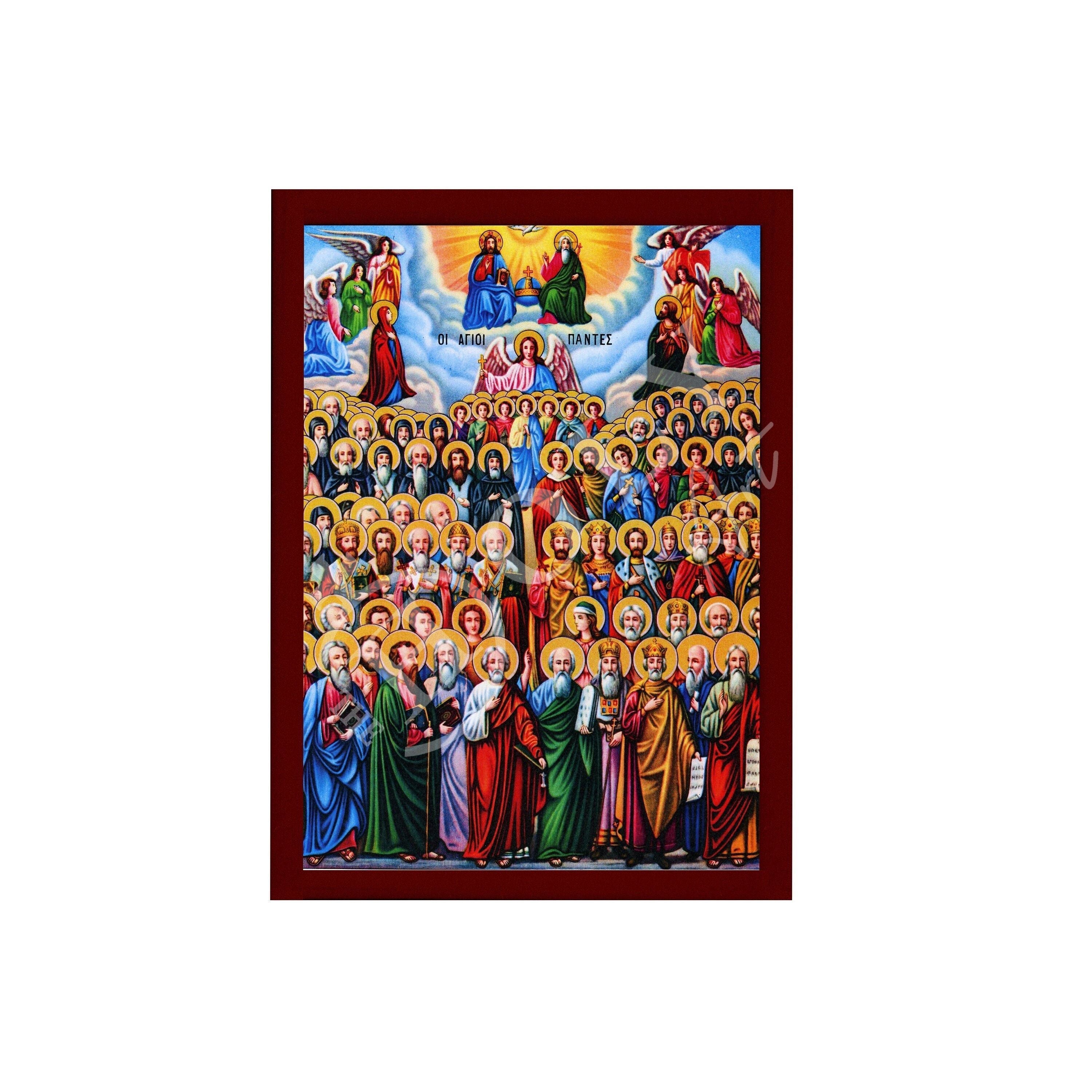 All Saints Day - Feast of online All Saints, Silk Screen Serigraph Icon Based on Byzantine Art wall hanging icon on carved wood with stand