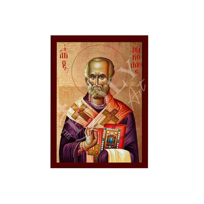 Saint Nicholas icon, Handmade Greek Orthodox icon of St Nick, Byzantine art wall hanging icon on wood plaque, religious decor (5) - TheHolyArt