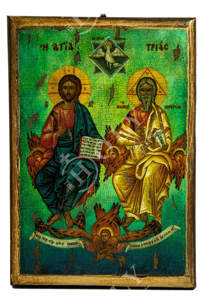 The Holy Trinity icon, Handmade Greek Orthodox icon God Jesus Christ Holy Spirit Byzantine art wall hanging on canvas wood plaque 30x20cm - TheHolyArt