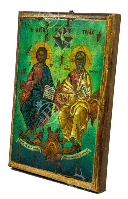 The Holy Trinity icon, Handmade Greek Orthodox icon God Jesus Christ Holy Spirit Byzantine art wall hanging on canvas wood plaque 30x20cm - TheHolyArt