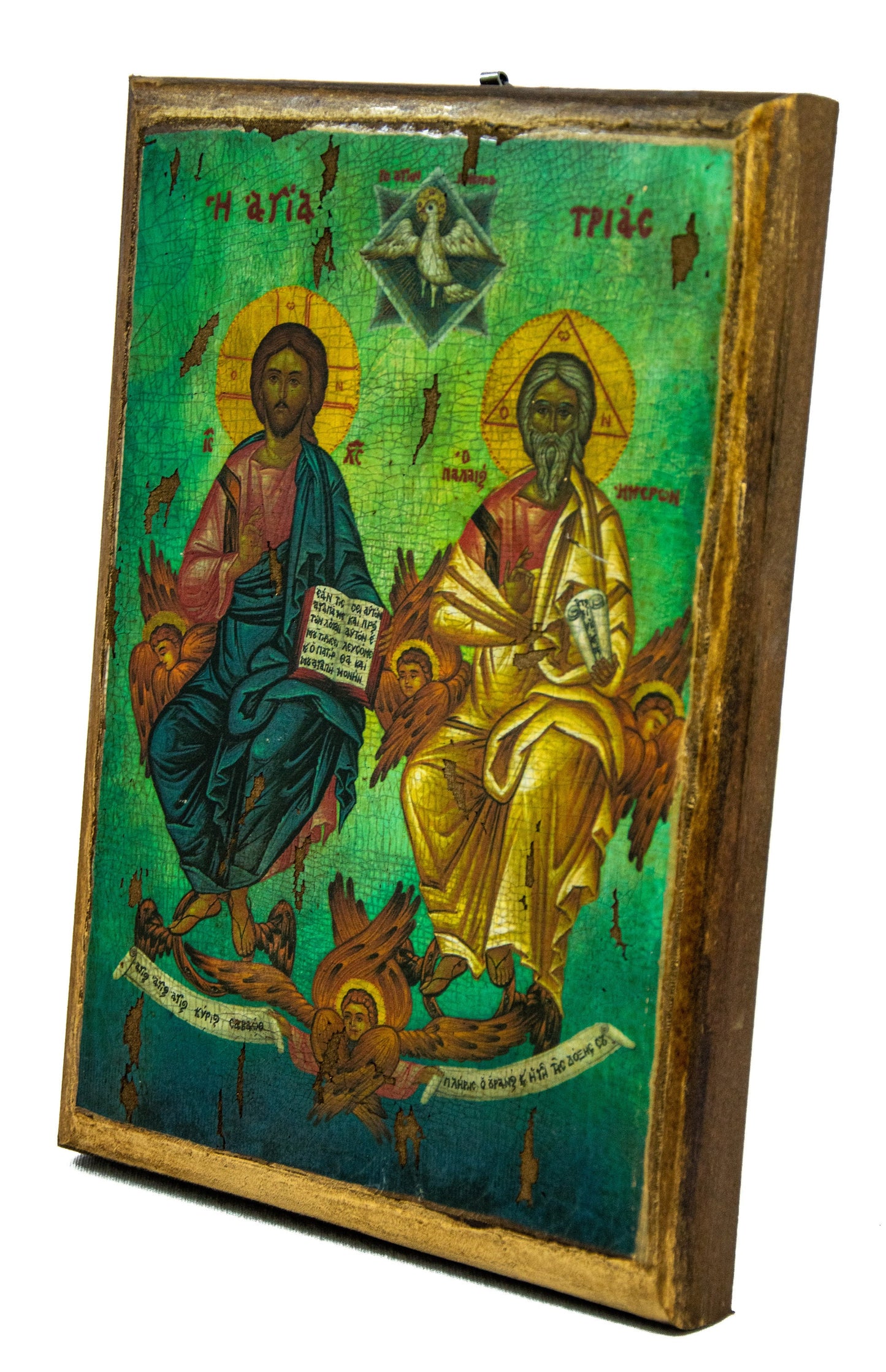 The Holy Trinity icon, Handmade Greek Orthodox icon God Jesus Christ Holy Spirit Byzantine art wall hanging on canvas wood plaque 30x20cm TheHolyArt