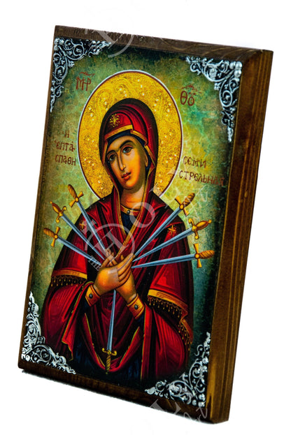 Our Lady of Sorrows icon, Virgin Mary icon Seven 7 swords, Handmade Greek Orthodox Icon, Mother of God Byzantine art wall hanging plaque - TheHolyArt