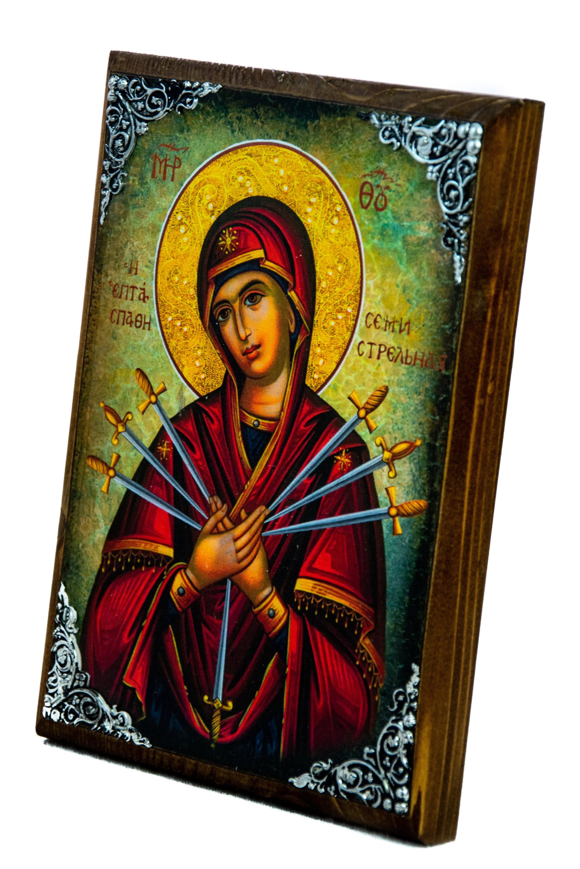 Our Lady of Sorrows icon, Virgin Mary icon Seven 7 swords, Handmade Greek Orthodox Icon, Mother of God Byzantine art wall hanging plaque TheHolyArt