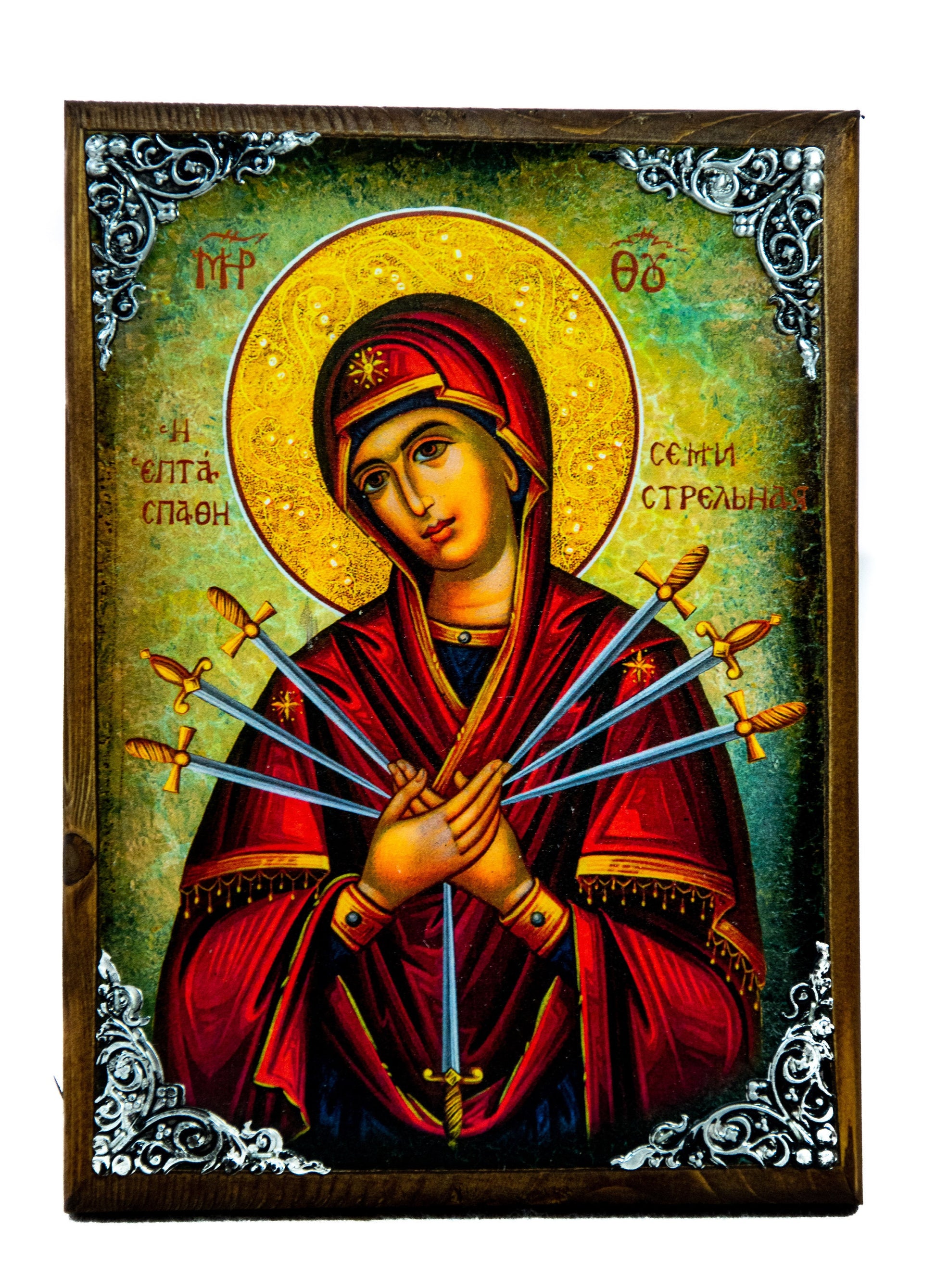 Our Lady of Sorrows icon, Virgin Mary icon Seven 7 swords, Handmade Greek Orthodox Icon, Mother of God Byzantine art wall hanging plaque TheHolyArt