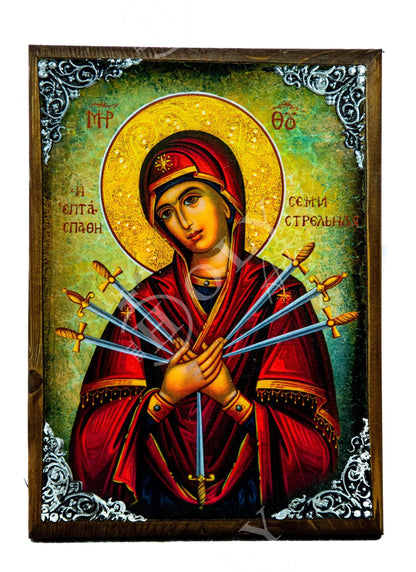 Our Lady of Sorrows icon, Virgin Mary icon Seven 7 swords, Handmade Greek Orthodox Icon, Mother of God Byzantine art wall hanging plaque - TheHolyArt