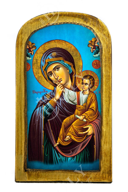 Virgin Mary icon Panagia Paramythia, Handmade Greek Orthodox Icon of Mother of God, Theotokos Byzantine art wall hanging wood plaque decor - TheHolyArt