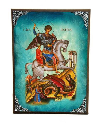 Saint George icon, Handmade Greek Orthodox icon of St George, Byzantine art wall hanging icon wood plaque of Agios Georgios, religious decor - TheHolyArt