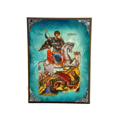 Saint George icon, Handmade Greek Orthodox icon of St George, Byzantine art wall hanging icon wood plaque of Agios Georgios, religious decor - TheHolyArt
