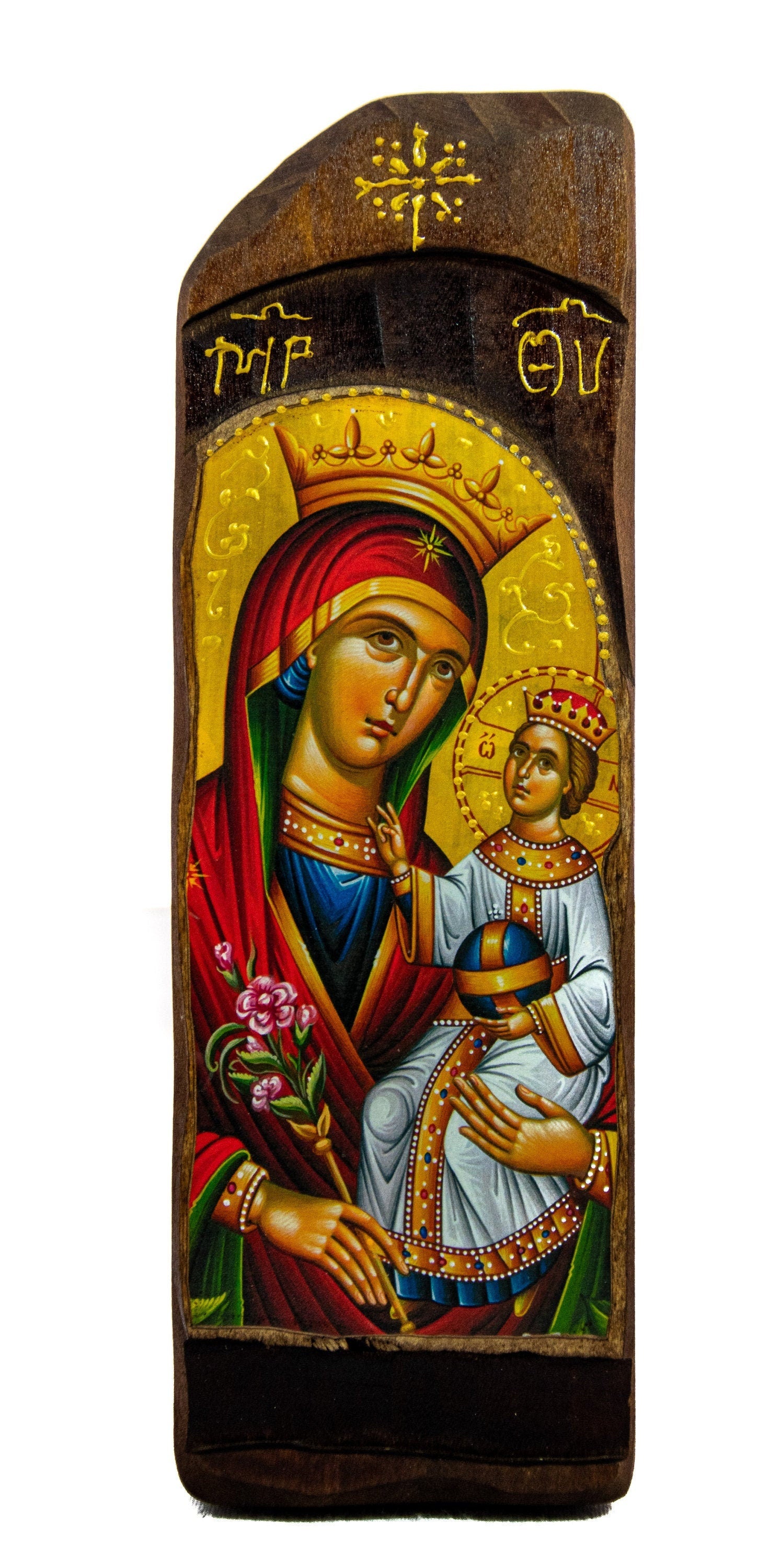 Virgin Mary icon Panagia Rose Amaranth, Handmade Greek Orthodox Icon, Mother of God Byzantine art, Theotokos wall hanging wood plaque TheHolyArt