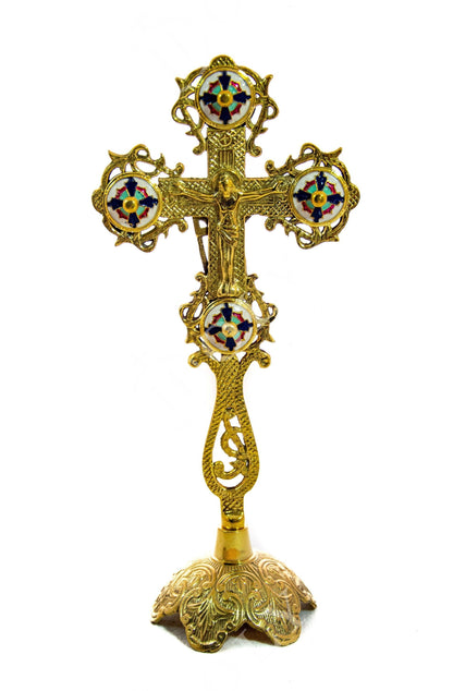 Standing Table Altar Crucifix, Brass Handmade Greek Orthodox Byzantine Gold plated Holy Cross - TheHolyArt