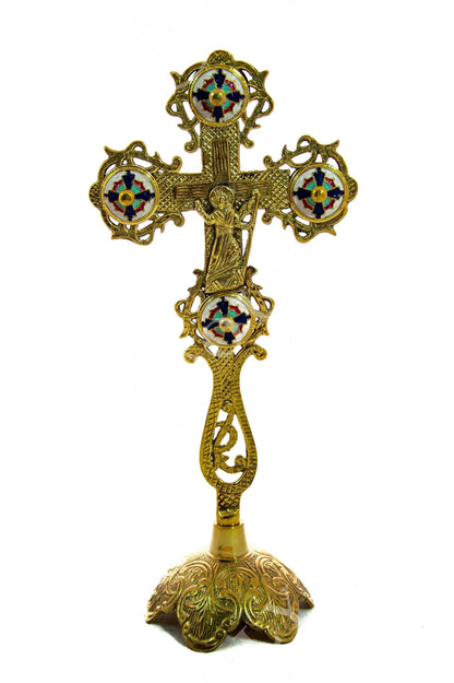 Standing Table Altar Crucifix, Brass Handmade Greek Orthodox Byzantine Gold plated Holy Cross - TheHolyArt