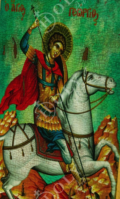 Saint George icon, Handmade Greek Orthodox icon of St George 30x20cm, Byzantine art wall hanging canvas icon wood plaque, religious decor - TheHolyArt